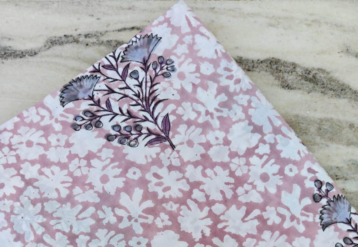 Pink Cotton Fabric with Green Floral Print, Handmade Indian Block Print Fabric by the Yard, Soft Cotton for Quilting, Sewing, Dressmaking