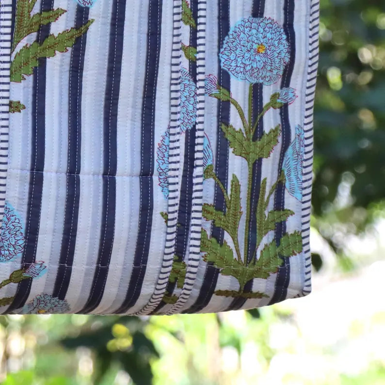 Handmade Quilted Floral Tote Bag | Striped Cotton Handbag | Everyday Carry Tote | Reusable Market Bag | Blue Flower Print Shoulder Bag