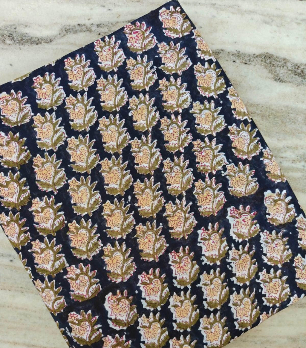 Hand Block Print Cotton Fabric, Navy Blue Floral Fabric, Indian Cotton Textile, Handmade Printed Fabric, Dressmaking Quilting Craft Fabric