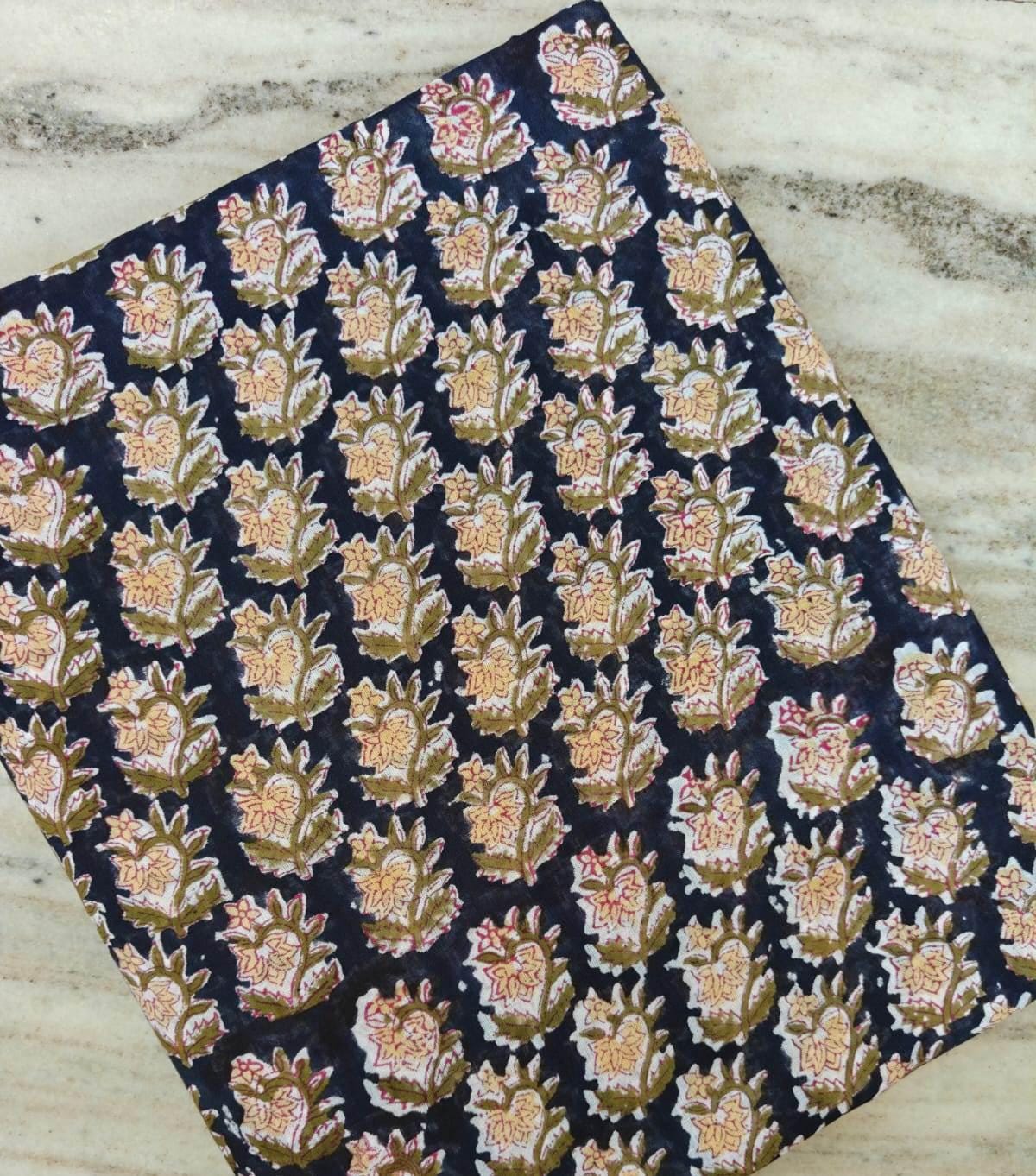 Hand Block Print Cotton Fabric, Navy Blue Floral Fabric, Indian Cotton Textile, Handmade Printed Fabric, Dressmaking Quilting Craft Fabric