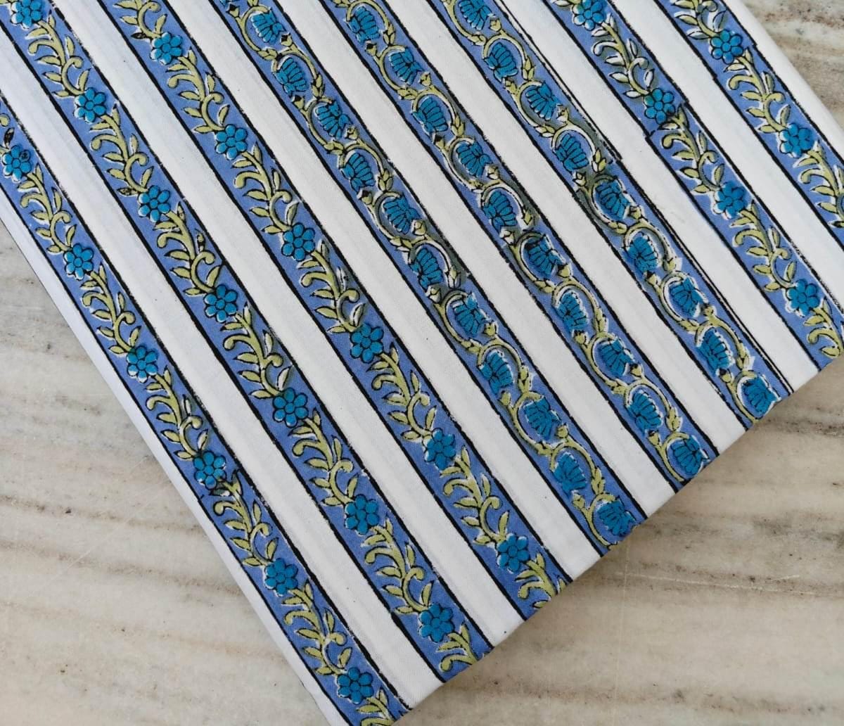 Blue and White Designer Hand Block Print Fabric, Floral 100% Cotton Quilting Fabric By The Yard, Dressmaking Fabric, Loose Running Fabric