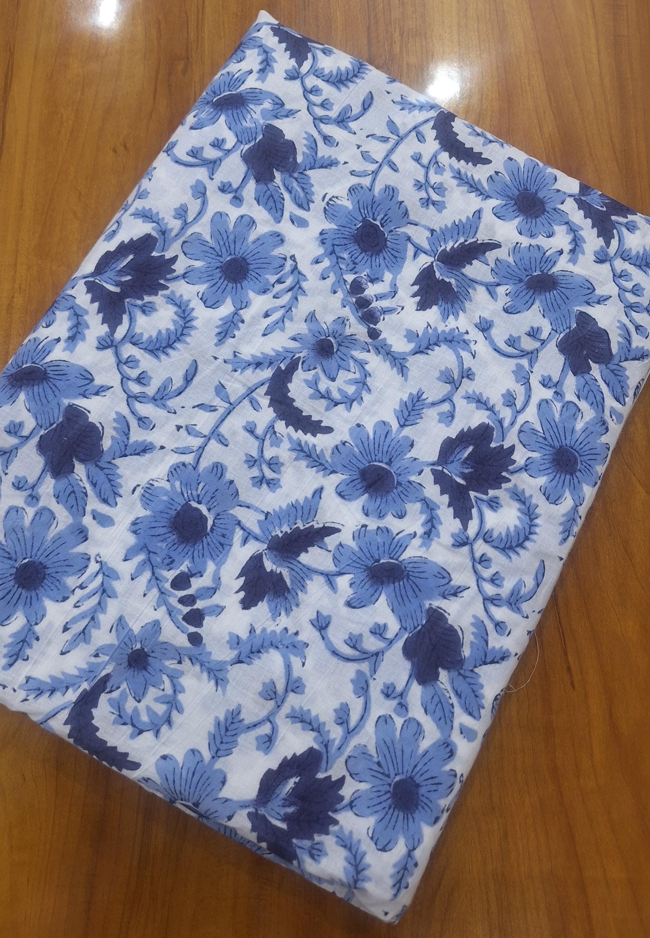 Blue Floral Cotton Fabric, Hand Block Print Fabric, Indian Cotton Textile, Soft Lightweight Fabric, Dressmaking Sewing Fabric, Craft Fabric
