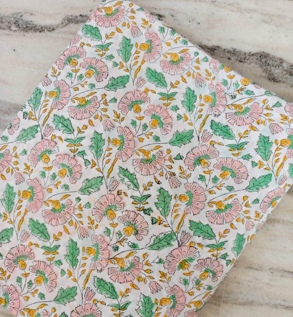 Floral Cotton Fabric by the Yard, Pink Green Yellow Block Print Fabric, Indian Hand Block Print Cotton, Small Quilting Dressmaking Fabric