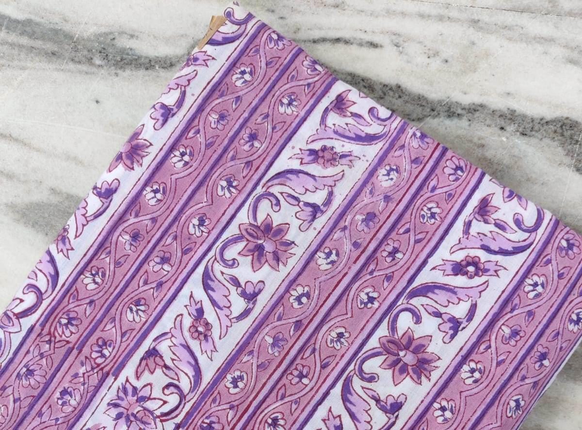 Purple Stripe Floral Cotton Fabric by the Yard, Lightweight Block Print Cloth for Quilting, Sewing, Dressmaking, and DIY Crafts