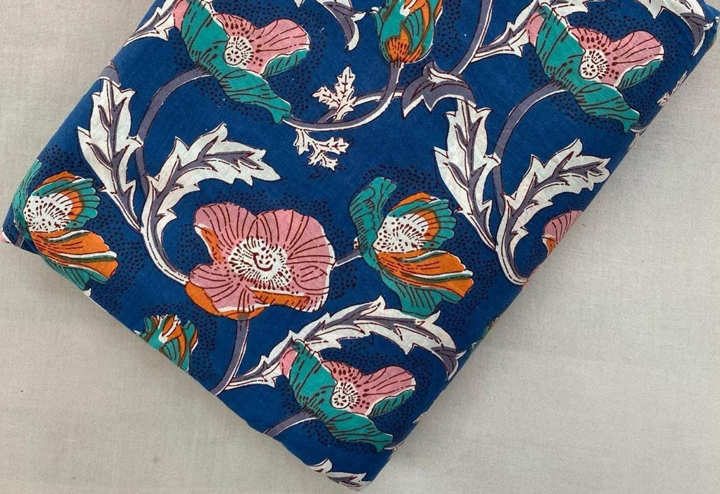 Navy Blue Floral Cotton Fabric, Bold Botanical Print, Pink Orange Flowers, Quilting Cotton, Dressmaking Fabric, Craft Fabric by the Yard