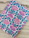 Pink Blue Floral Cotton Fabric, Indian Block Print Fabric, Botanical Cotton Fabric by Yard, Hand Printed Fabric, Quilting Dressmaking Fabric