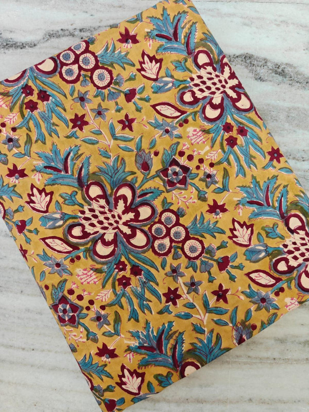 Mustard Floral Cotton Fabric by the Yard, Indian Block Print Fabric, Teal and Maroon Flower Print, Boho Craft Sewing, Loose Running Fabric