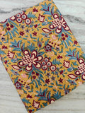 Mustard Floral Cotton Fabric by the Yard, Indian Block Print Fabric, Teal and Maroon Flower Print, Boho Craft Sewing, Loose Running Fabric