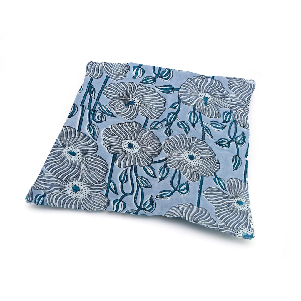 Blue Floral Cotton Cushion Cover, Hand Block Print Pillow Case, Decorative Throw Pillow Cover, Boho Sofa Cushion, Indian Cotton Home Decor