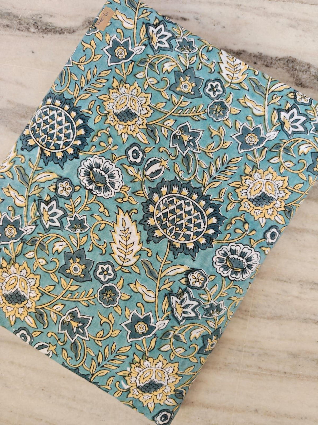 Teal Blue Floral Cotton Fabric, Hand Block Print Indian Cotton, Vintage Botanical Fabric for Quilting,  Dress Making Fabric, Running Fabric