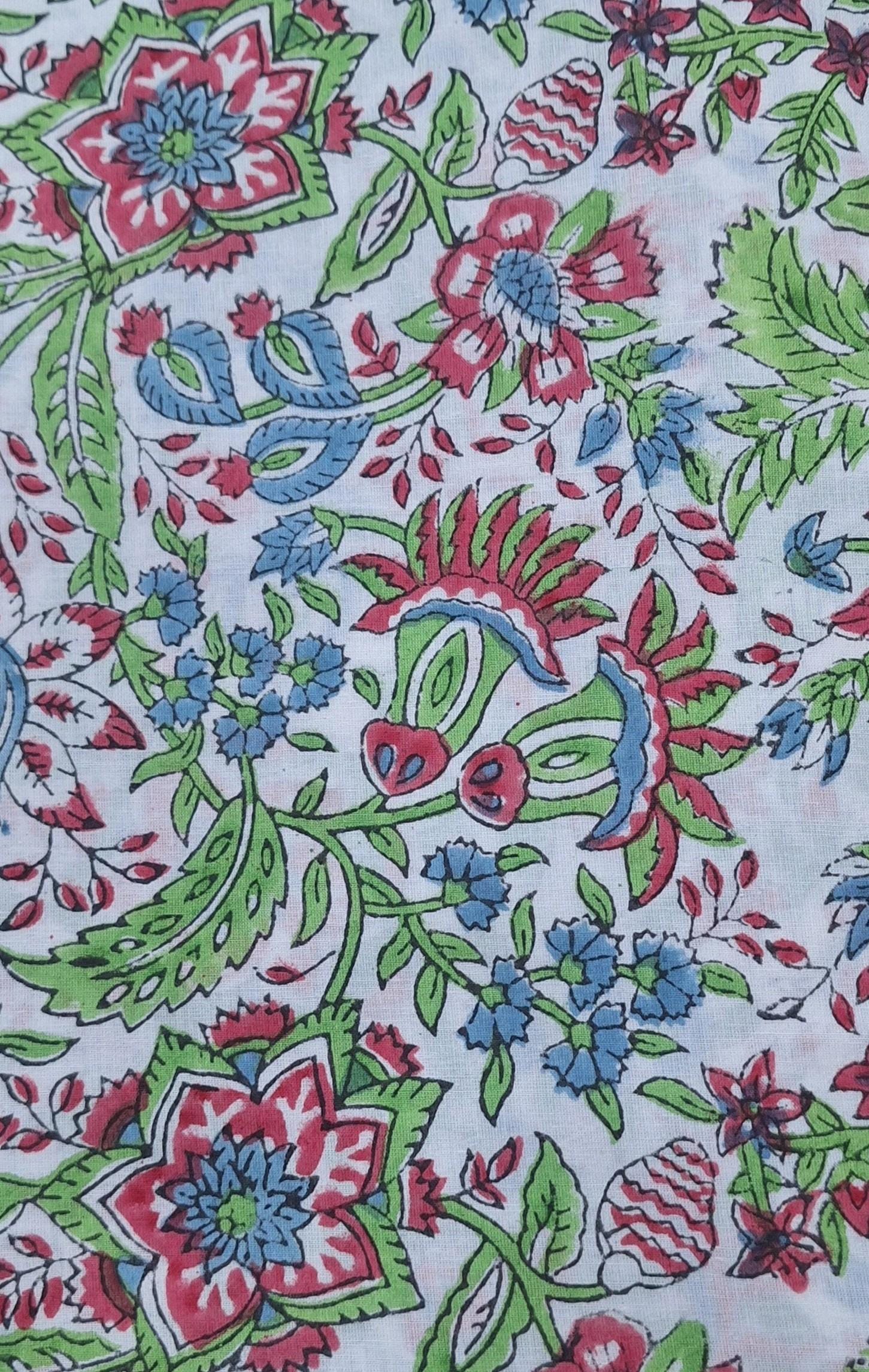 Hand Block Print Cotton Fabric, Floral Indian Cotton Fabric, Soft Lightweight Cotton Cloth, Dressmaking Fabric, Quilting Fabric Craft Fabric