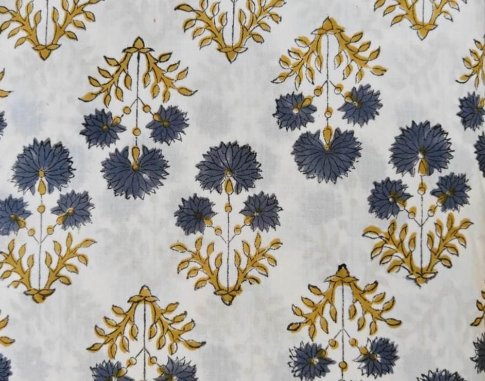 Hand Block Print Cotton Fabric, Blue Floral Fabric, Mustard Yellow Botanical Print, Indian Cotton Fabric by Yard, Soft Lightweight Fabric