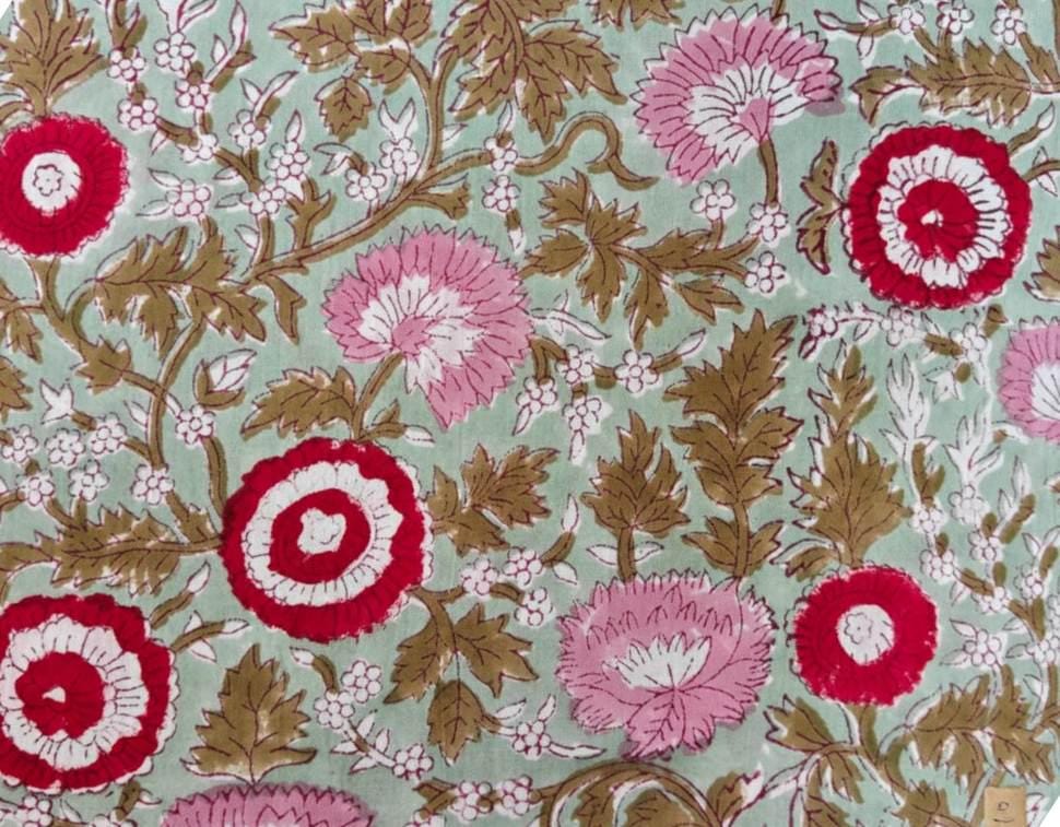 Sage Green Floral Cotton Fabric, Hand Block Print Red Pink Flower Vine, Indian Cotton Fabric by the Yard, Loose Running Fabric, Napkins