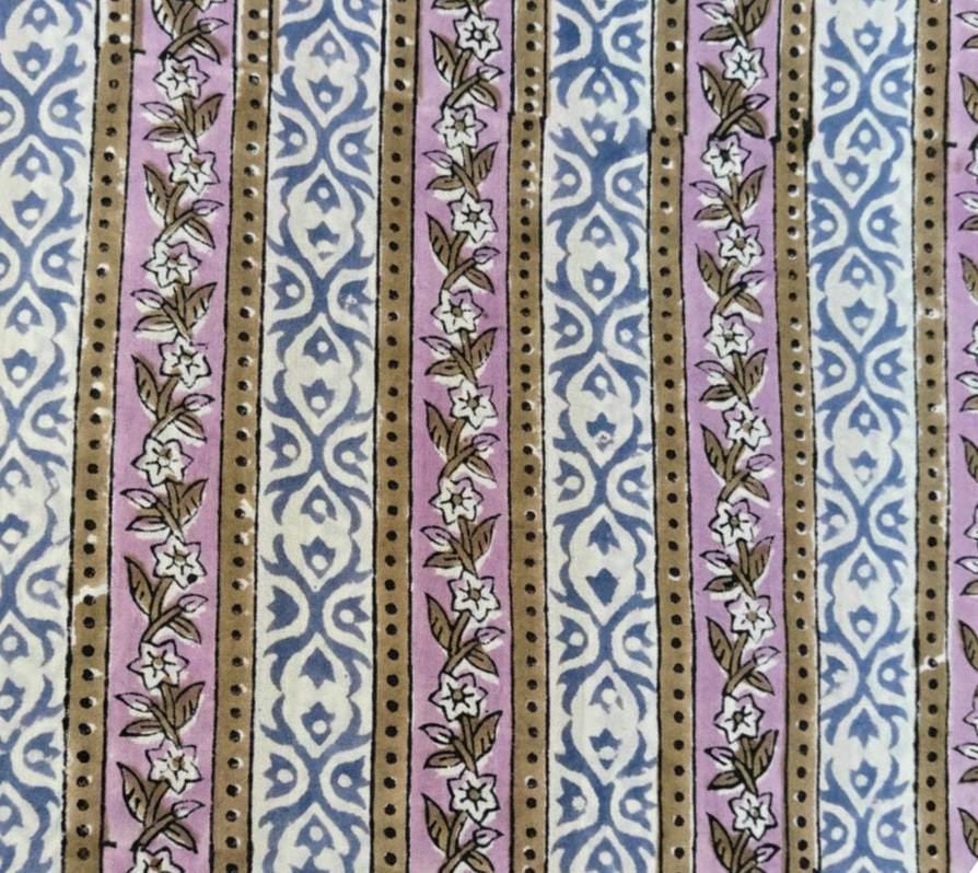 Striped Floral Cotton Fabric by the Yard, Blue Lilac Block Print Fabric, Handmade Fabric, Table Cover Fabric, Fabric For Dress Making