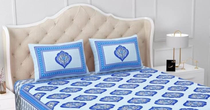 Designer White Base and Blue Color Flower Printed Cotton Bedsheet, Handmade Designer Bedsheet with 2 Pillowcases, Queen Size Double Bedsheet