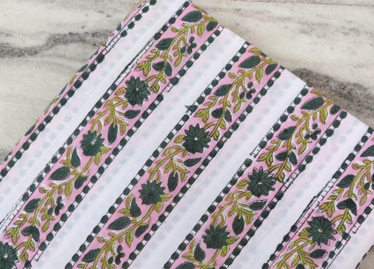 White Cotton Fabric with Green Floral Vines & Pink Stripes, Indian Hand Block Print Fabric by the Yard, Soft Cotton for Quilting,Dressmaking