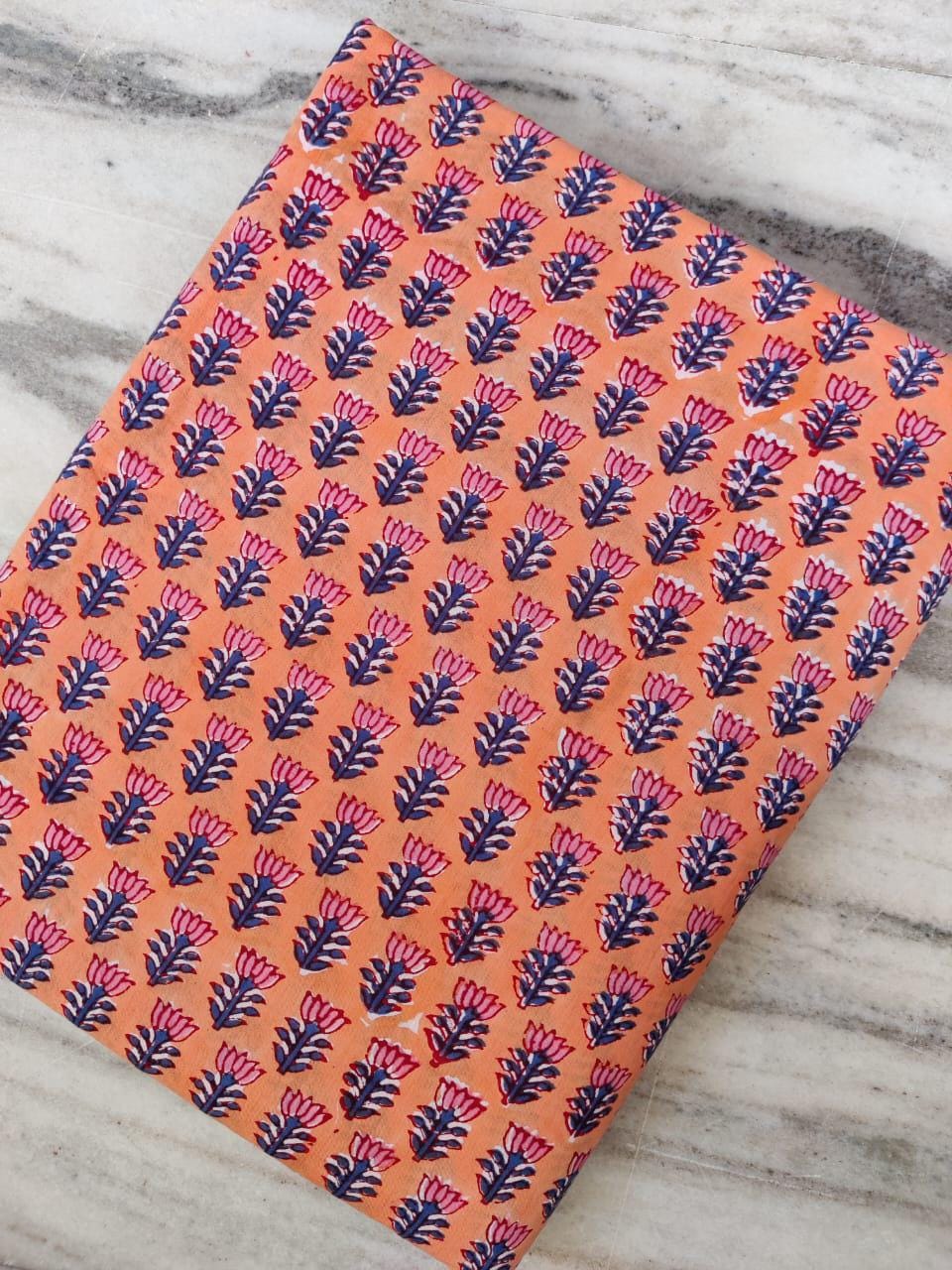 Hand Block Printed Cotton Fabric: Floral Design, Soft Material By The Yard