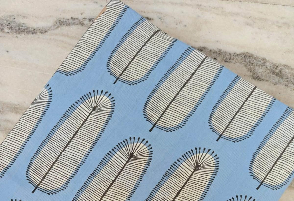 Blue Feather Print Cotton Fabric | Modern Minimal Leaf Pattern| Soft Indian Fabric by the Yard for  Dressmaking | Loose Running Fabric