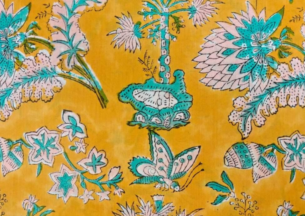 Yellow Floral Cotton Fabric by Yard, Teal Pink Hand Block Print Fabric, Indian Cotton Material for Dress, Quilting, Craft & Home Decor