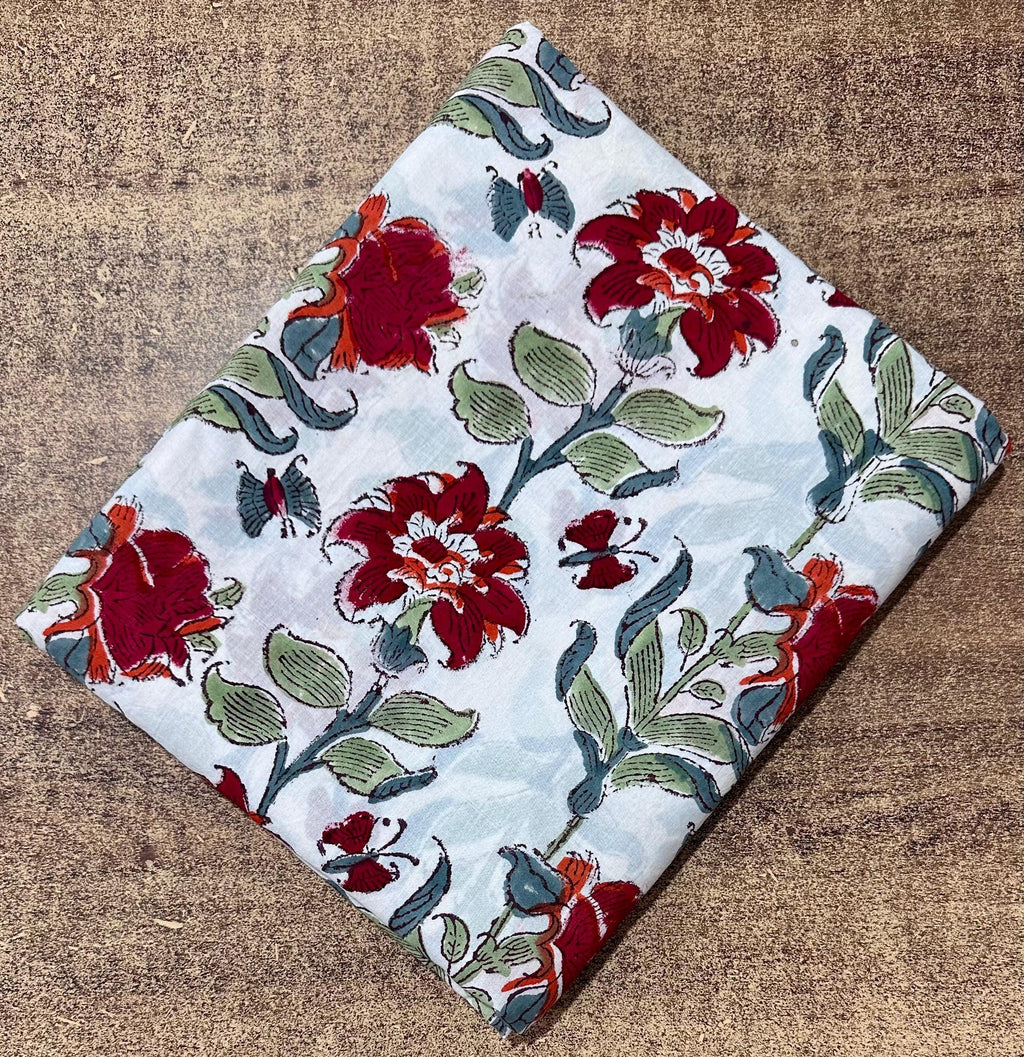Light Blue Red Floral Hand Block Print Cotton Fabric, Indian Cotton Fabric by Yard, Vintage Flower Print Dressmaking & Quilting Fabric