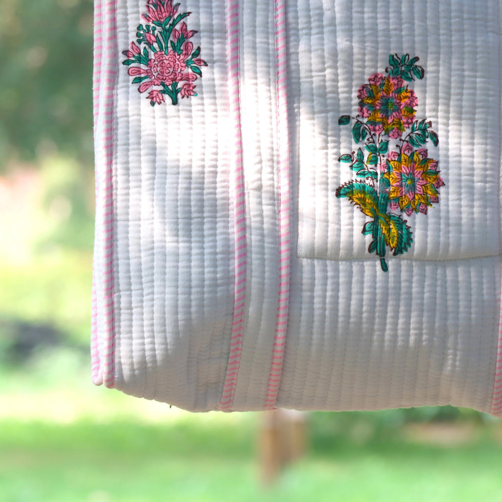 Hand Block White Cotton Floral Block Print Shoulder Bag, Handmade Quilted Tote Bag, Quilted Tote Bag, Indian Bags Shopping Bags, Women's Bag