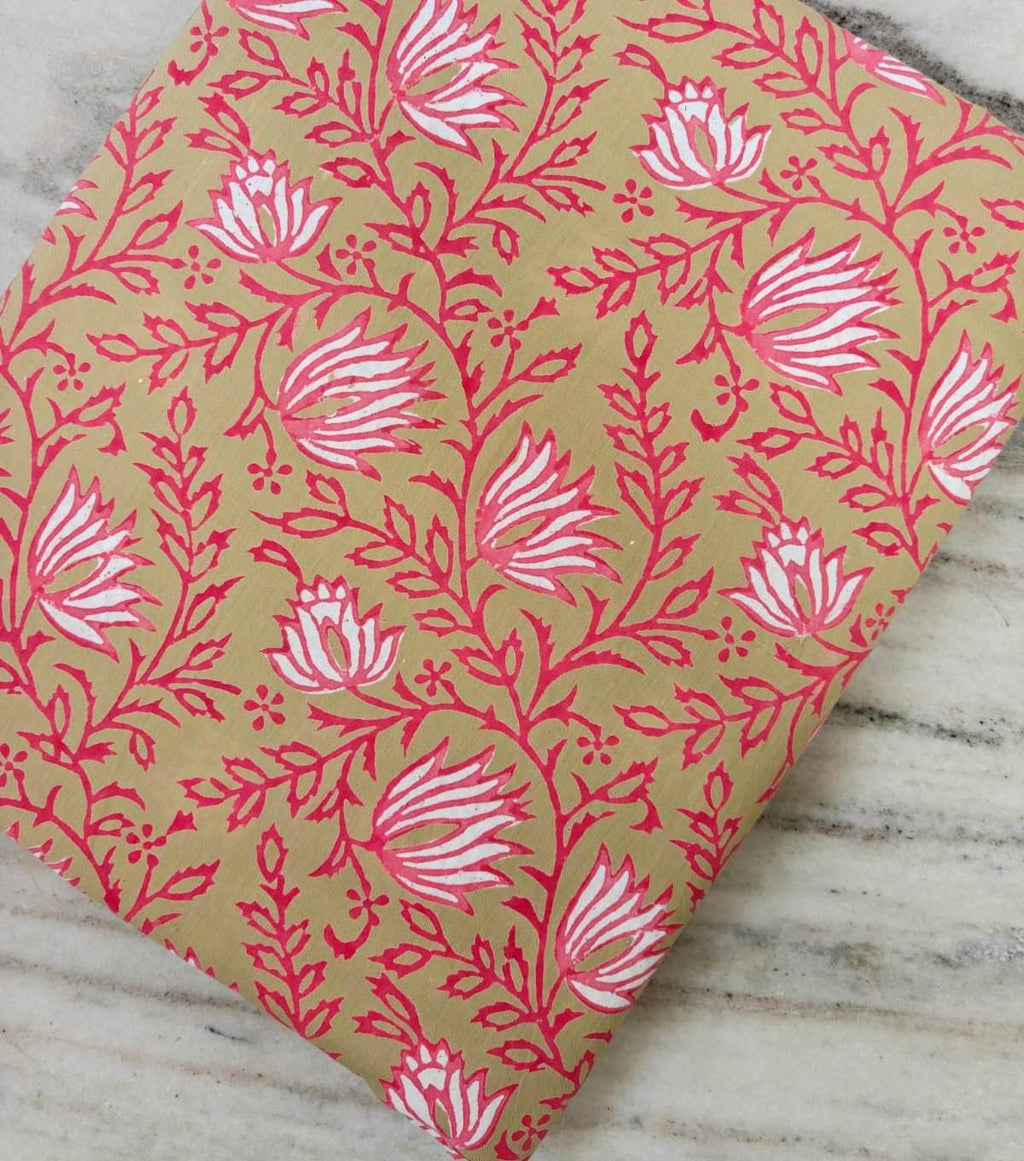 Pink Floral Cotton Fabric, Hand Block Print Fabric, Indian Cotton By The Yard, Flower Fabric Napkins, Soft Cotton Dressmaking Loose Fabric