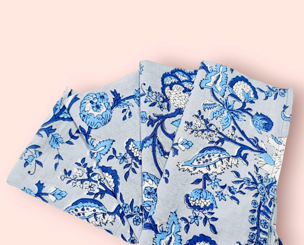 Blue Floral Hand Block Printed Cotton Napkins: Indian Dining Decor, Set of 4