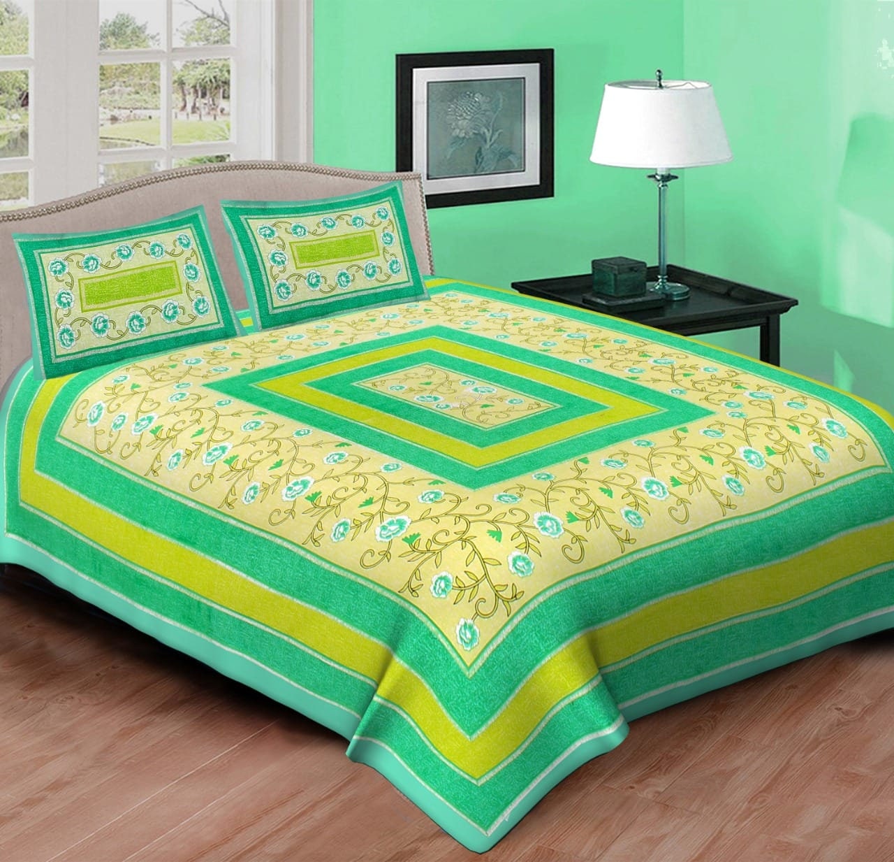 Yellow Cotton Printed Bedsheet, 90x100 INCH, Indian Floral Bedsheet With 2 Pillow Covers, Queen Size Double Bedsheet Flat Fitted Bedsheet