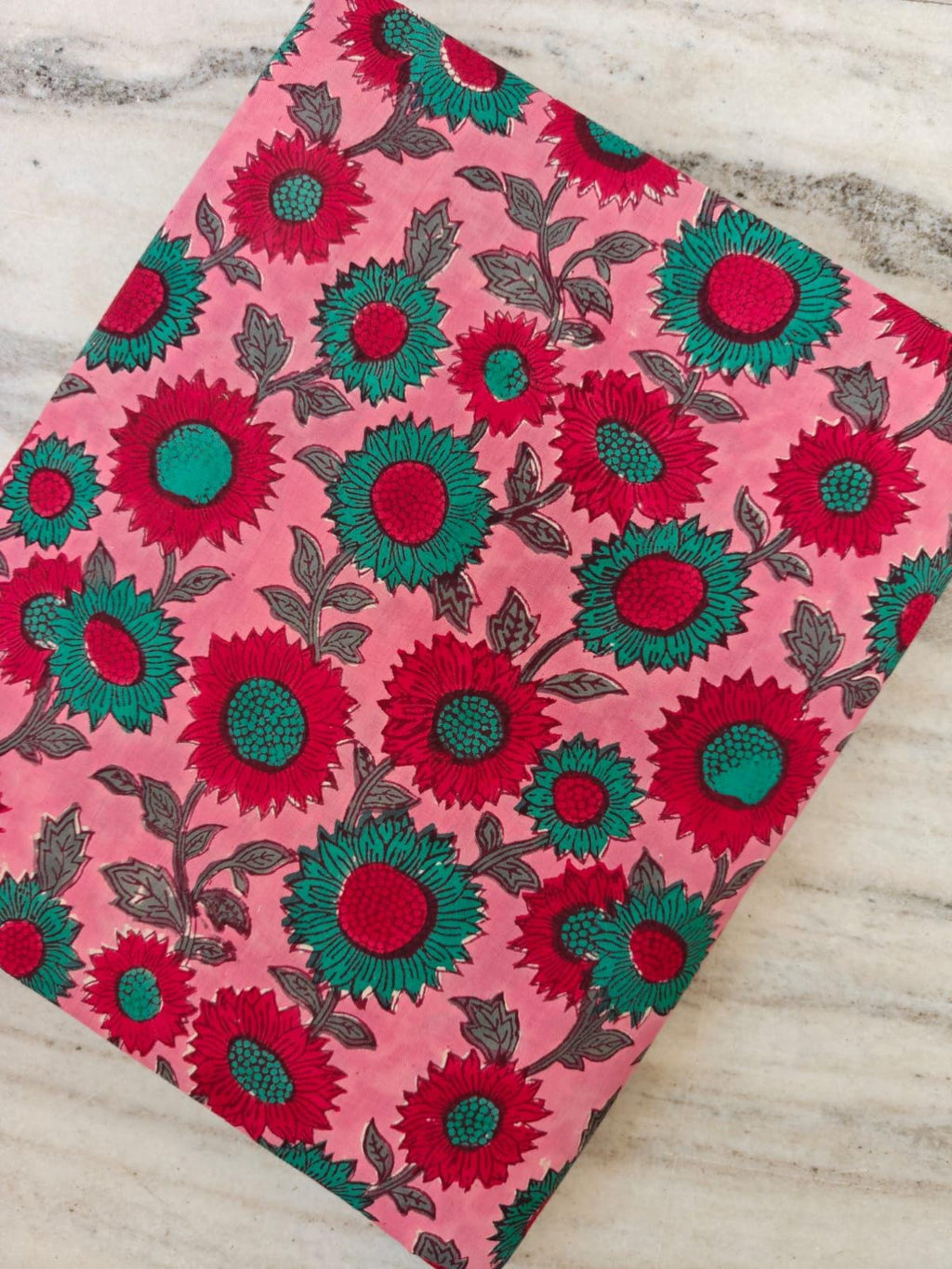 Pink Floral Cotton Fabric by the Yard, Red and Teal Flower Print, Block Print Style Fabric, Quilting Sewing Craft, Indian Floral Textile