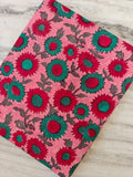 Pink Floral Cotton Fabric by the Yard, Red and Teal Flower Print, Block Print Style Fabric, Quilting Sewing Craft, Indian Floral Textile