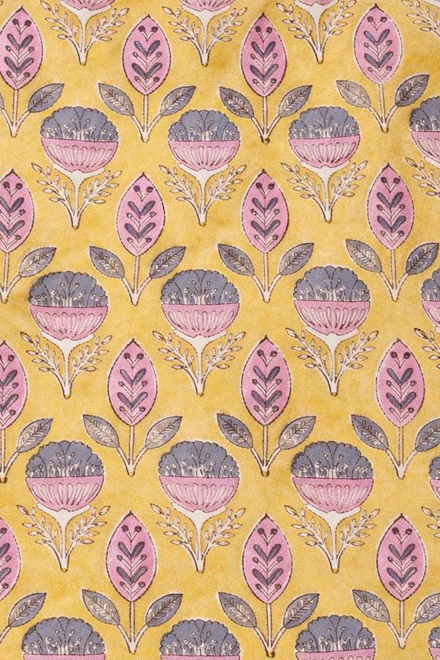 Yellow Floral Block Print Cotton Fabric, Hand Printed Indian Cotton Fabric, Soft Cotton Textile, Sewing Quilting For Dress Making Fabric