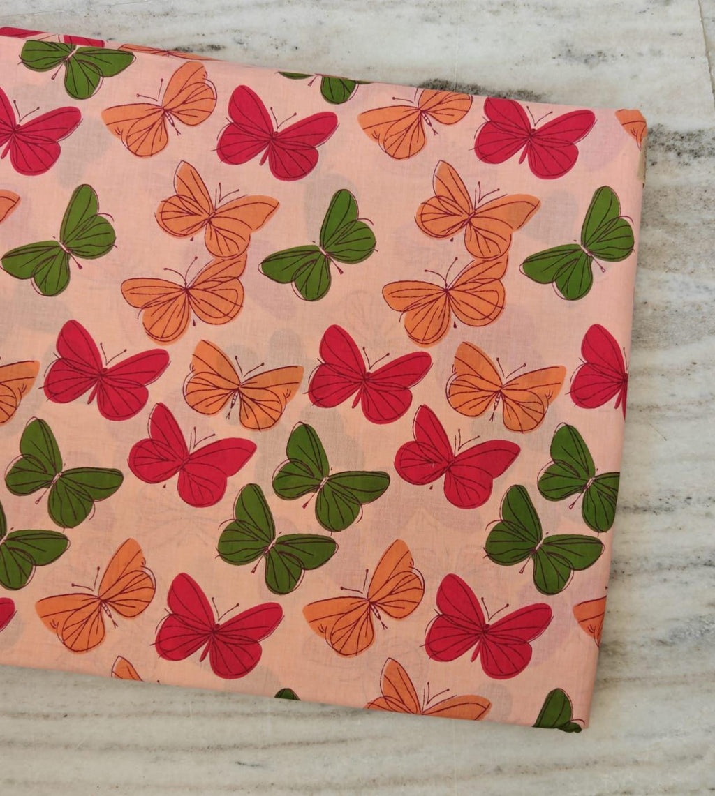 Butterfly Cotton Fabric by the Yard, Peach Background with Red Orange & Green Butterflies, Quilting Sewing Craft Dressmaking Loose Fabric