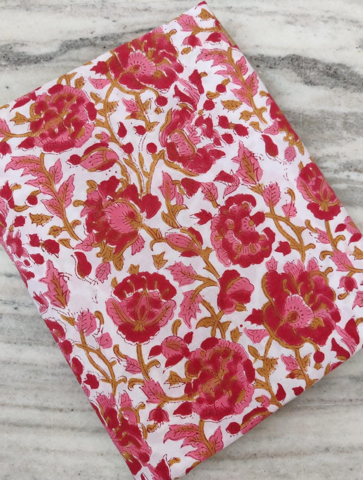 Pink Red Designer Hand Block Print Fabric, Floral 100% Cotton Quilting Fabric By The Yard, Fabric For Dress Making, Loose Running Fabric