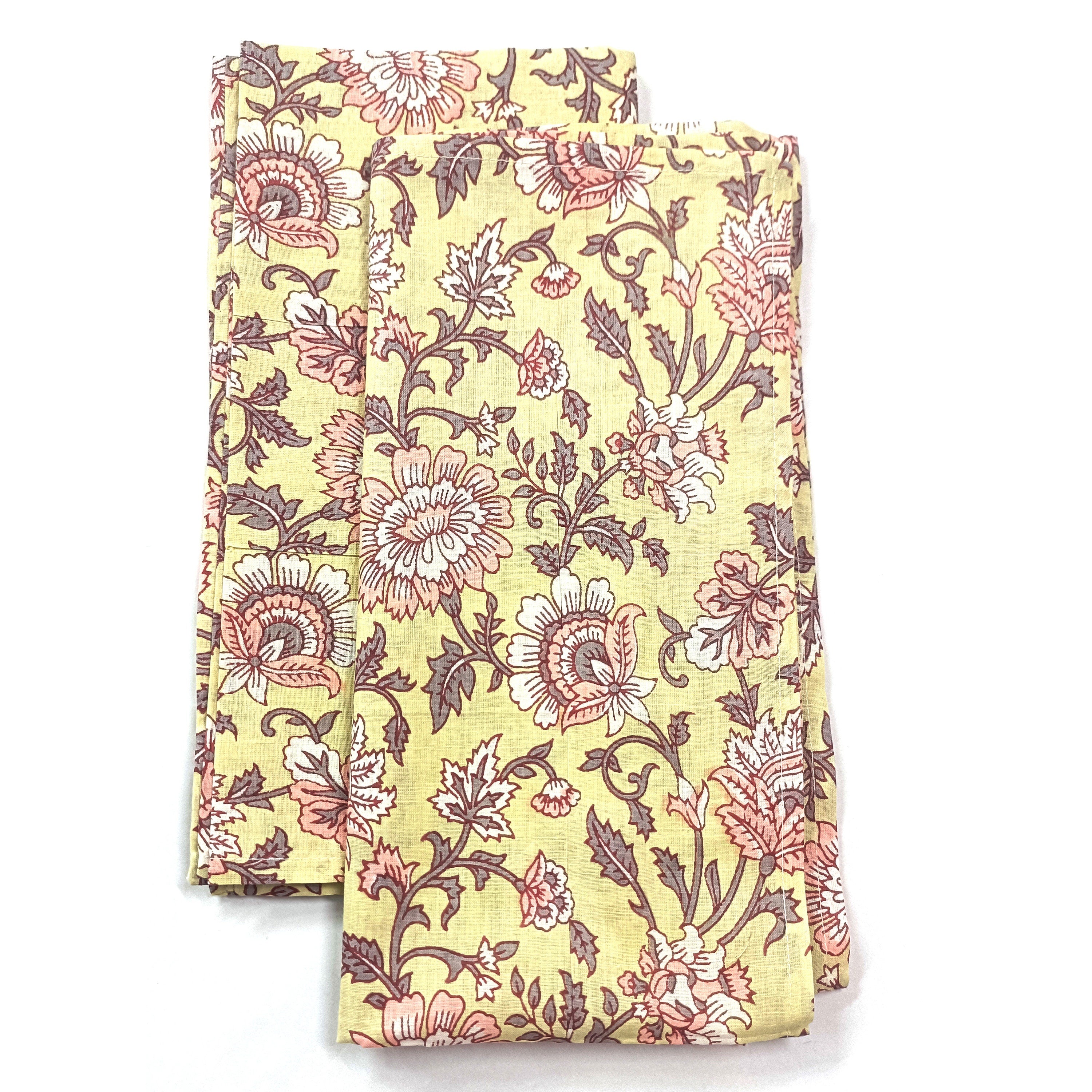 Hand Printed Cotton Dinner Napkins: Floral Block Print, Set of 4