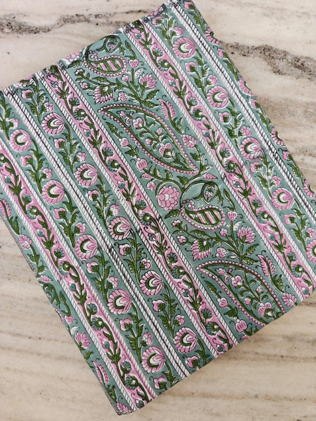 Hand Block Print Cotton Fabric, Paisley Stripe Floral Fabric, Indian Cotton Yardage, Green Pink Boho Fabric, Sewing Quilting Craft Fabric