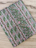 Hand Block Print Cotton Fabric, Paisley Stripe Floral Fabric, Indian Cotton Yardage, Green Pink Boho Fabric, Sewing Quilting Craft Fabric