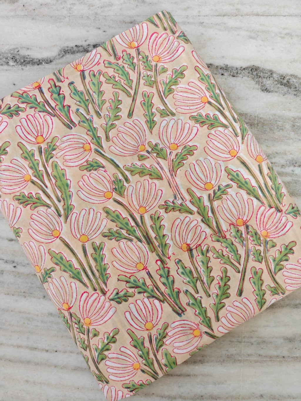 Beige Floral Cotton Fabric by the Yard, Pink Daisy Block Print, Indian Hand Printed Botanical Textile, Cream Cotton Fabric with Pink Flowers