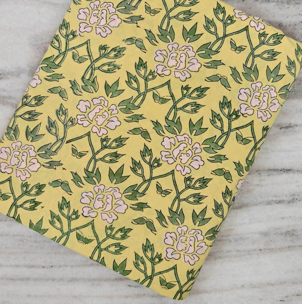 Yellow Floral Cotton Fabric, Hand Block Print Fabric, Indian Cotton Textile, Soft Dressmaking Fabric, Vintage Flower Print Craft Fabric Yard