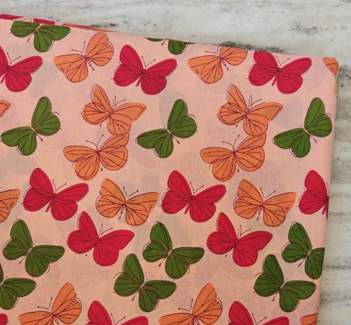 Butterfly Cotton Fabric by the Yard, Peach Background with Red Orange & Green Butterflies, Quilting Sewing Craft Dressmaking Loose Fabric