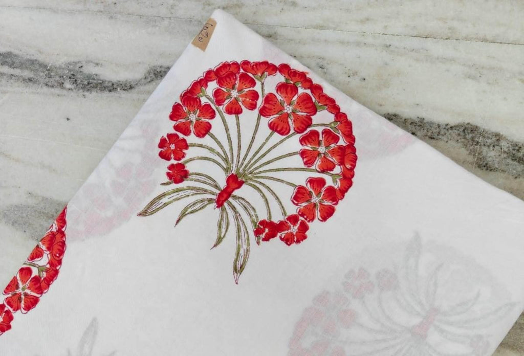 Red and White Designer Hand Block Print Fabric, Floral 100% Cotton Quilting Fabric By The Yard, Fabric For Dressmaking, Loose Running Fabric