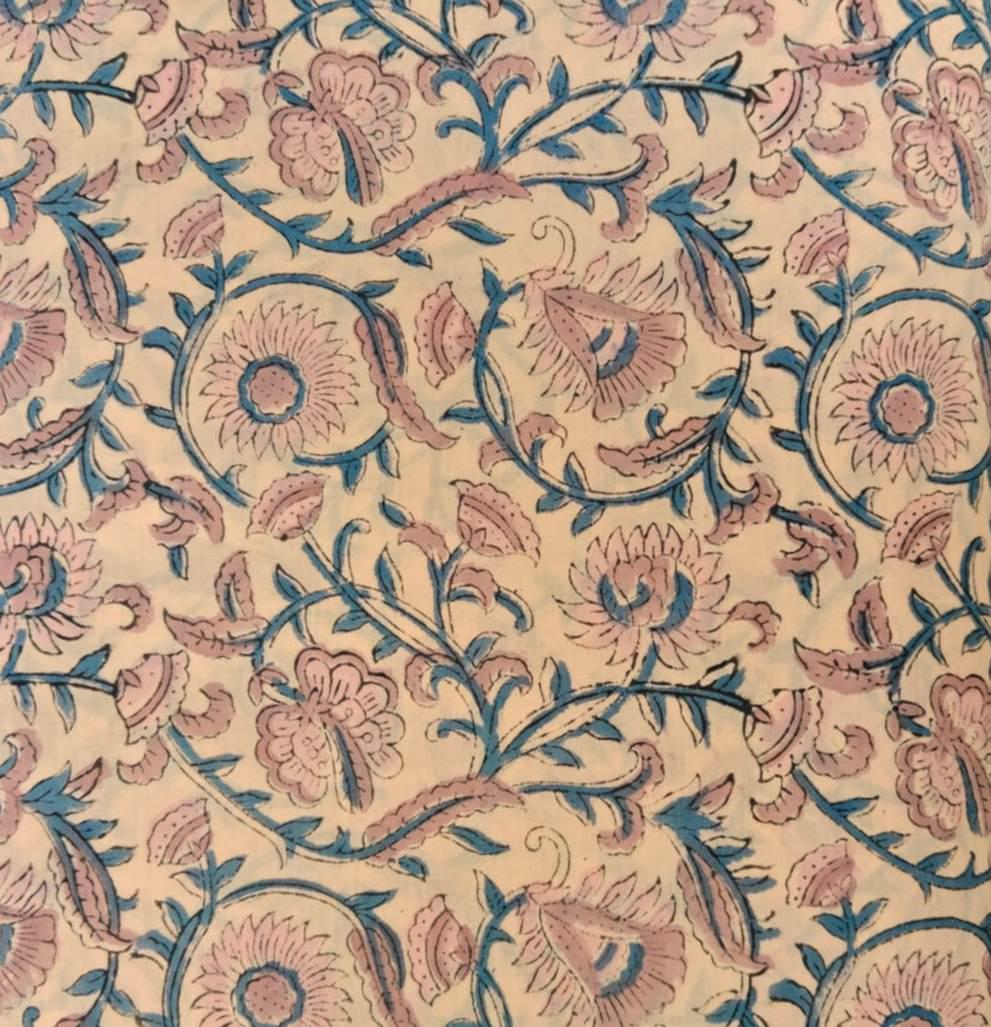 Hand Block Print Cotton Fabric, Peach Background with Blue Vines Floral Fabric, Dress Making Fabric by the Yard, Quilting & Apparel Fabric