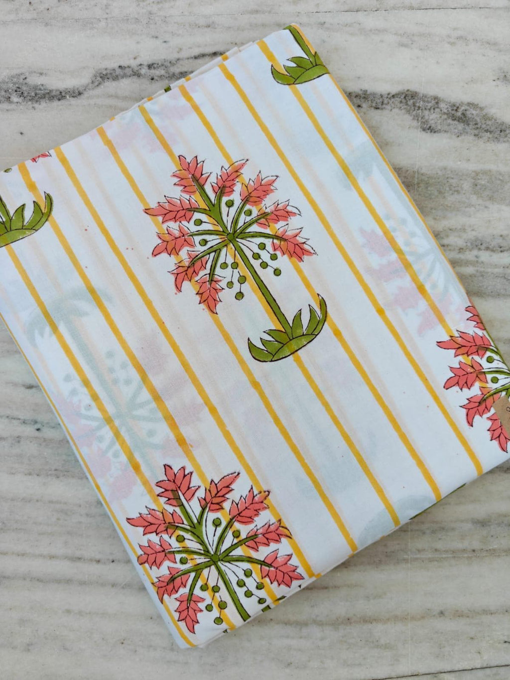 Striped Floral Cotton Fabric, Indian Block Print Cotton Fabric, Pink Flower Yellow Stripe Fabric by Yard, Boho Sewing Quilting Dressmaking