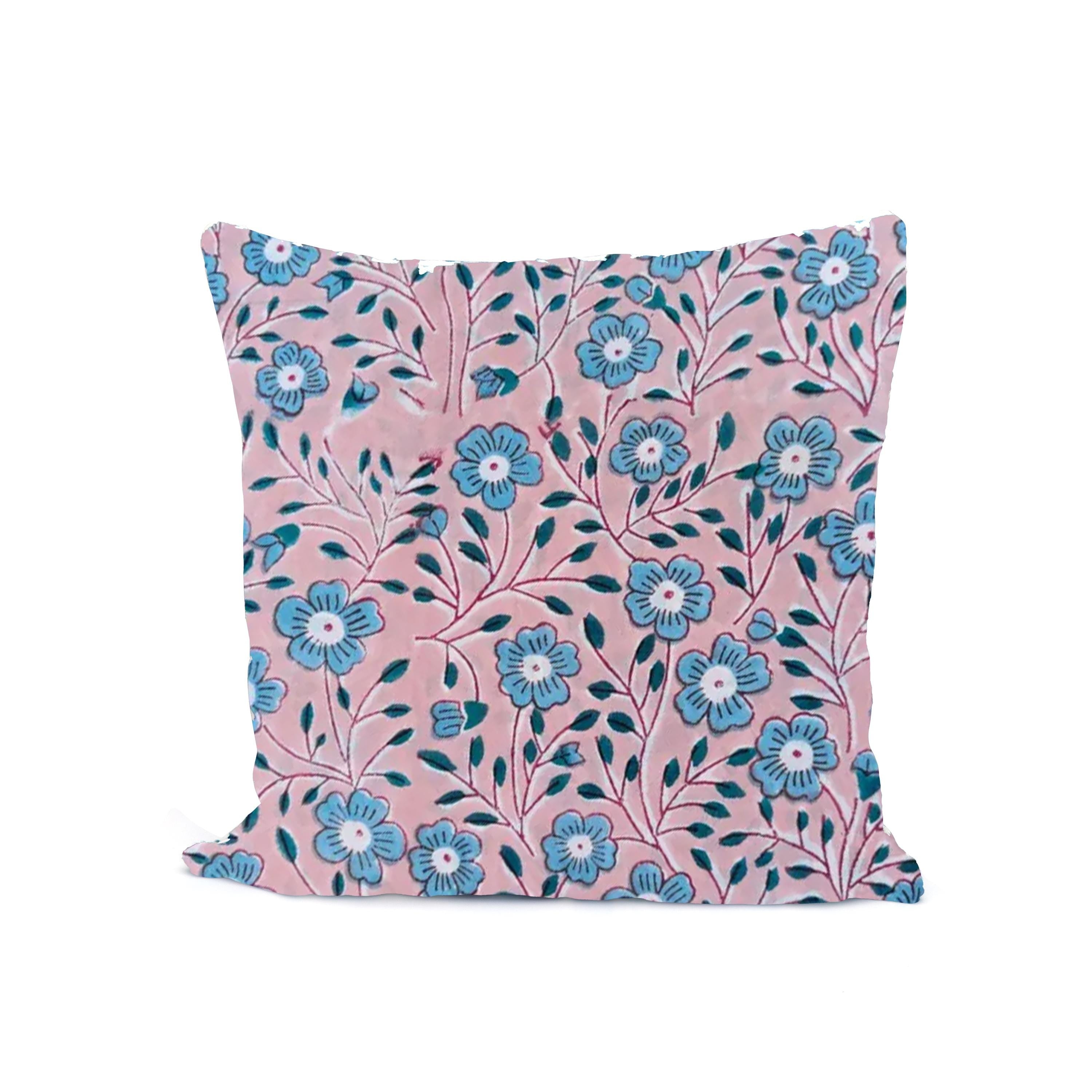 Hand Block Printed Cotton Cushion Cover, Pink Blue Floral Pillow Cover, Decorative Throw Pillow, All Size Cushion Cover, Sofa Cushion Cover