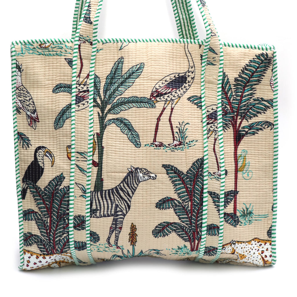 Tropical Jungle Tote Bag, Quilted Cotton Shoulder Bag, Safari Animal Print Bag, Zebra Bird Palm Tree Tote, Eco Friendly Reusable Shopper Bag