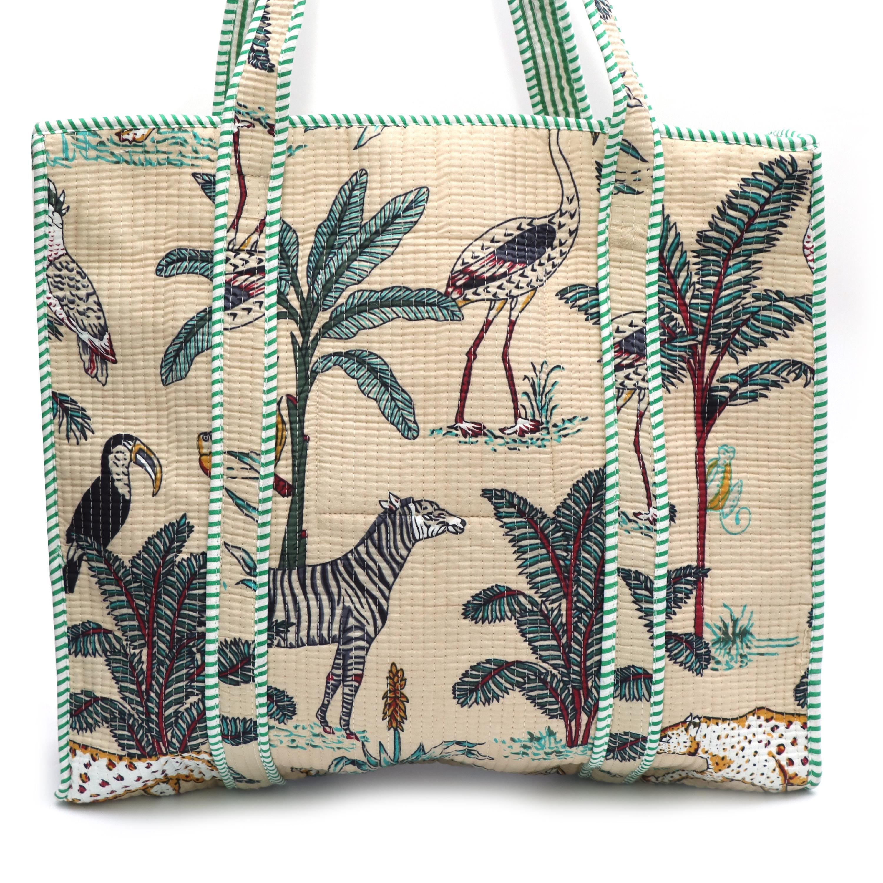 Tropical Jungle Tote Bag, Quilted Cotton Shoulder Bag, Safari Animal Print Bag, Zebra Bird Palm Tree Tote, Eco Friendly Reusable Shopper Bag