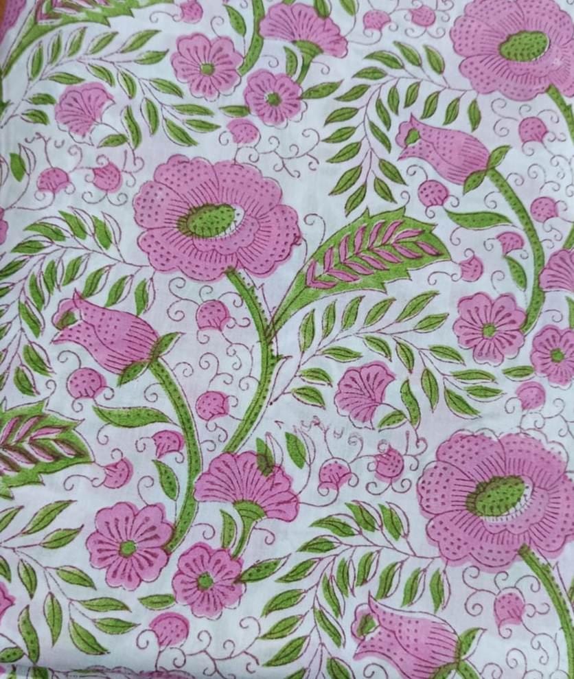 Pink Green Floral Cotton Fabric by the Yard, Hand Block Print Fabric, Indian Soft Cotton Material for Quilting, Sewing, Dressmaking & Crafts