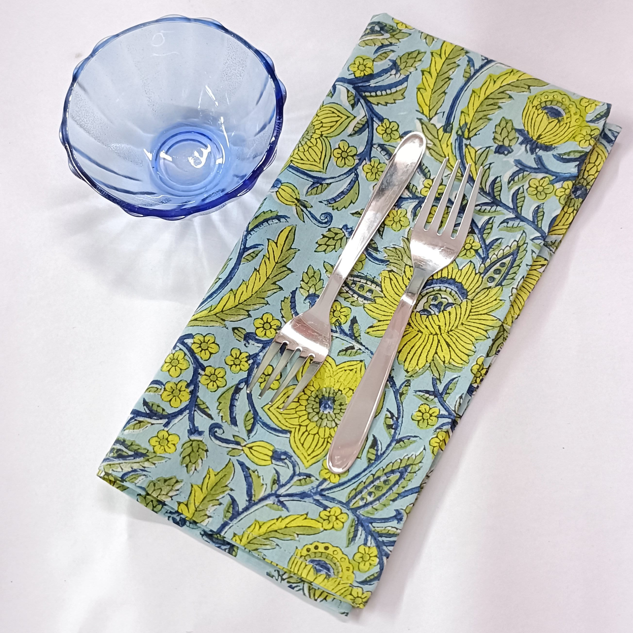 Handmade Organic Cotton Dinner Napkins: Floral Block Print, 20x20 Inches