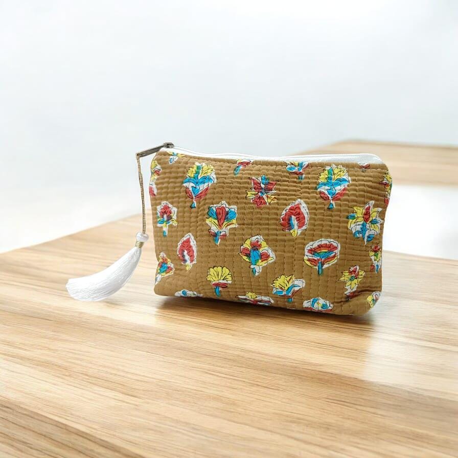 Handmade Quilted Zipper Pouch | Flower Print Cosmetic Bag | Coin Purse | Cute Travel Pouch
