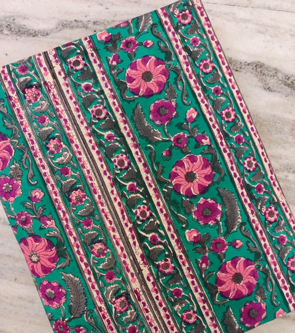 Green Floral Block Print Cotton Fabric, Pink Flower Indian Fabric, Hand Block Printed Stripe Textile, Boho Sewing Craft Dressmaking Fabric