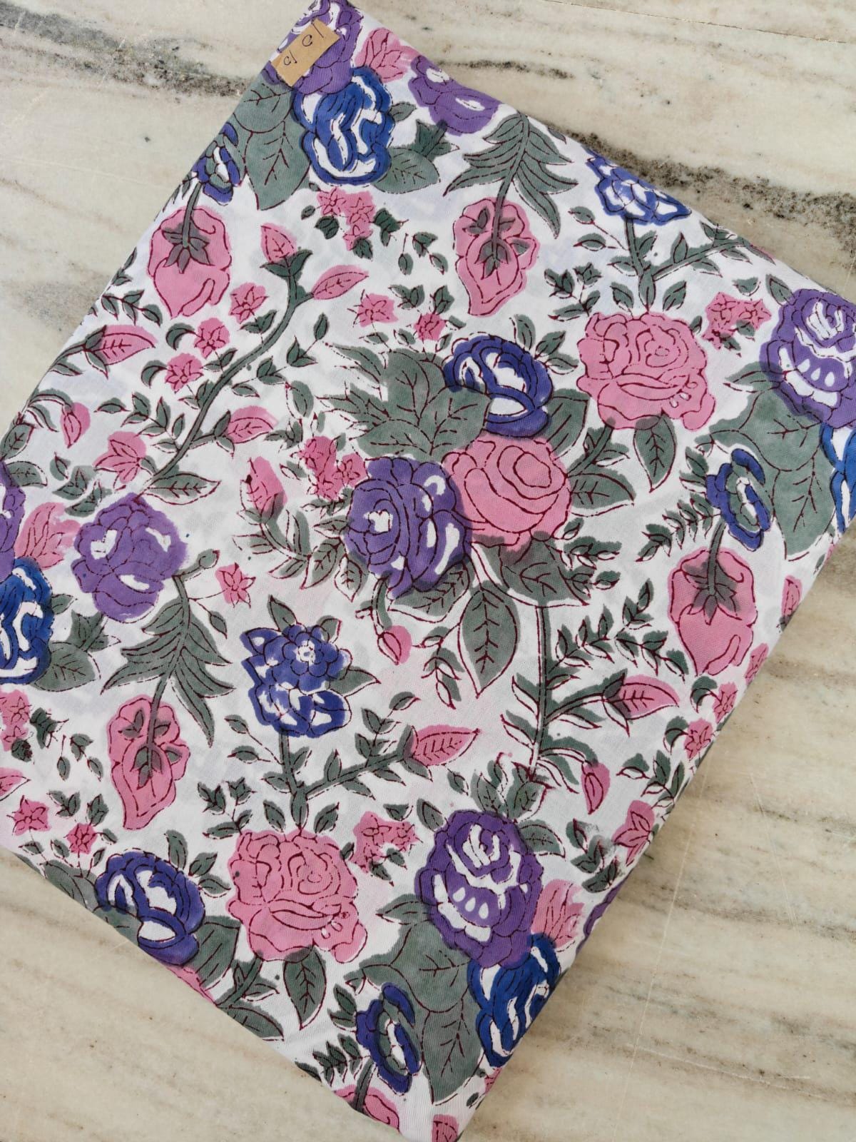 Floral Cotton Fabric by Yard, Pink Purple Blue Rose Print Fabric, Soft Cotton Fabric for Sewing, Quilting, Dressmaking, White Base Fabric